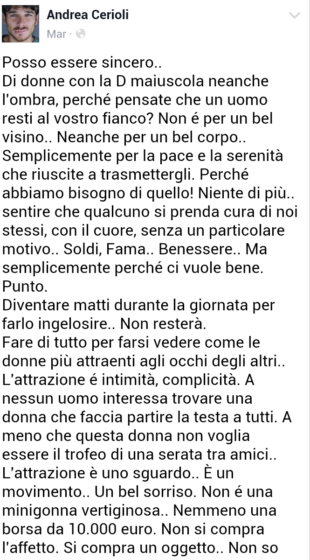 Andrea Cerioli su Facebook: "Noi uomini abbiamo bisogno di donne con la