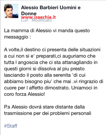 La mamma di Alessio Barbieri su Facebook